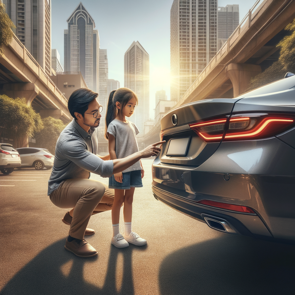 An image representing a South Asian father assisting his daughter in utilizing the car's reverse camera for parking. The setting is in an urban area, with high-rise buildings visible in the distance. Their car is a modern, sleek sedan. It is day time, and the sun radiates a warm, inviting glow.